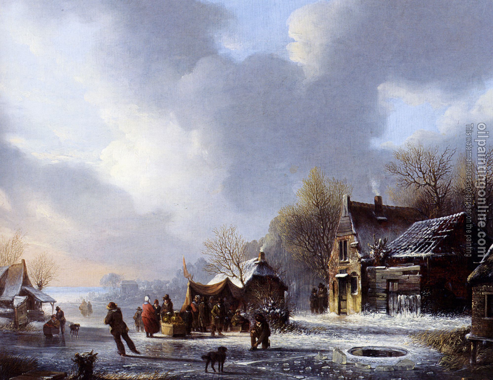 Jacobus Van Der Stok - Skaters On A Frozen River Near A koek En Zopie